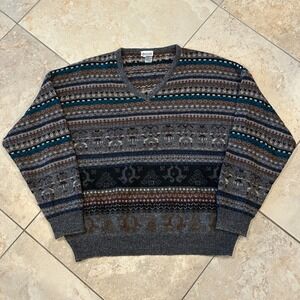Vintage Fiume V-Neck Sweater Mens XL Grey Fair Isle Knit Wool Alpaca Blend Italy